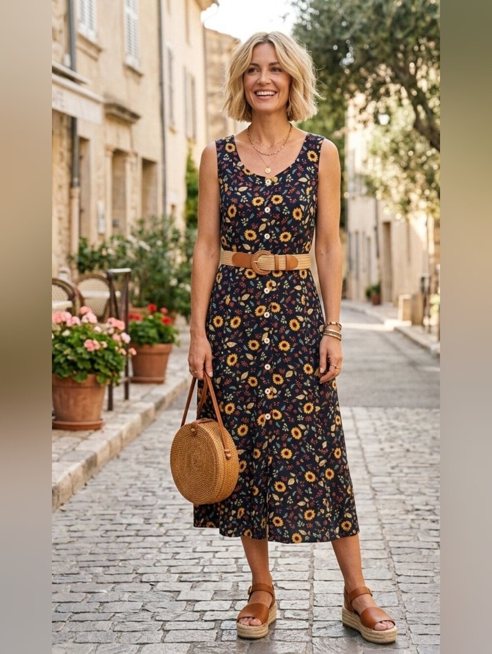 Vintage Early Fall Sunflower Artsy Boho Novelty Print Button Front Midi Dress